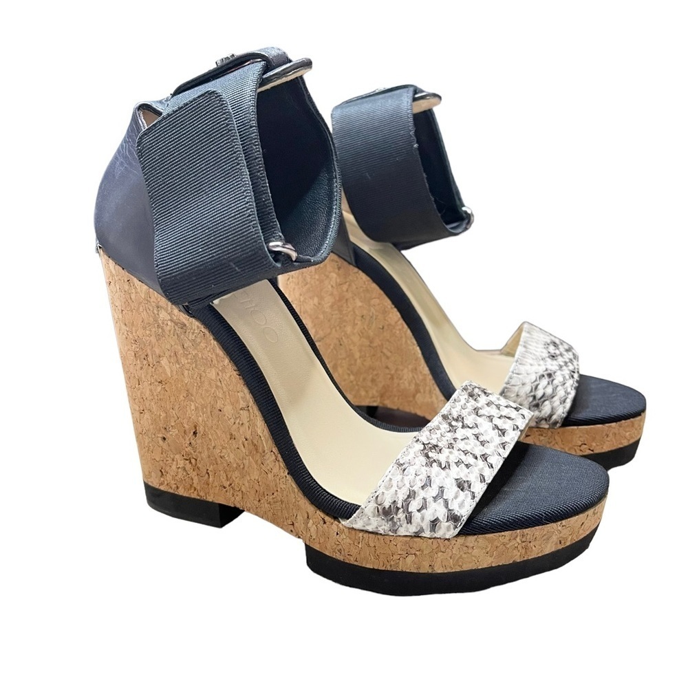 Jimmy Choo Neston Snakeskin Cork Wedge Sandals Velcro Strap Sz 37